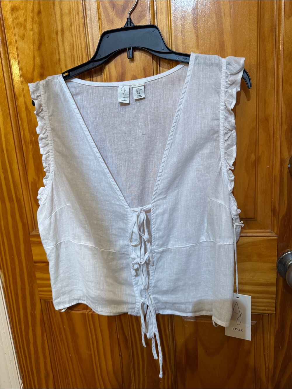 Joie Cream Tie-Front Ruffle-Sleeve Linen Blend Camisole
